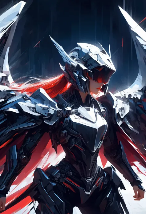 And me,  Long waist-length ponytail , V-shaped mechanical helmet, Helmet with red eyes ,  Wears a sexy black mecha suit ,  A red shabby cape flutters in the wind, White glowing six-wing mechanical wings ,  A broad sword with yellow-red light effects , nigh...