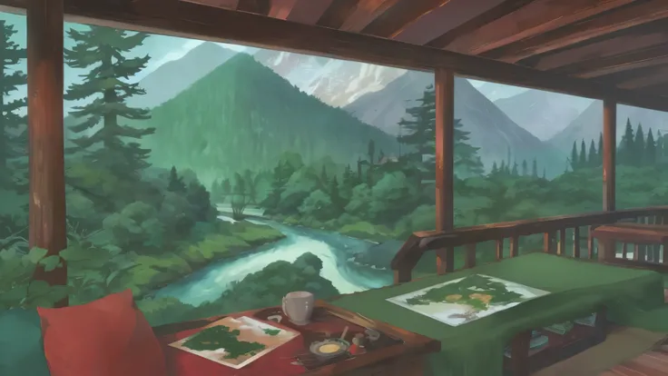 forest,river,mountain ,studio ghibli style ,cozy