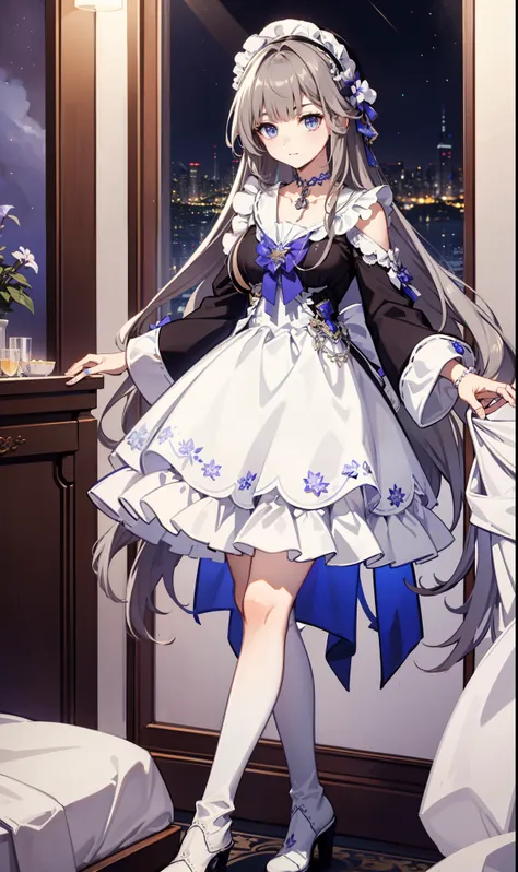 goddess，obsessed，have fun，in love，(white transparent maid uniform，with a long skirt)，silver hair，blue eyes，transparent clothes，e...