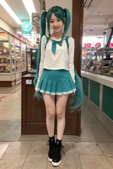  standing in an empty arcade 、 cute girl cosplaying as Hatsune Miku、ren、、Twintail with green hair 、Cute outfits、 miniskirt、Hosomi、Full body portrait