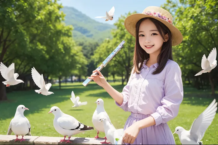  best quality　masterpiece　 Details　 A super cute girl is smiling and playing the harmonica　White pigeons have gathered 　Pastel drawing　Artistic　 imaginary　 fantasy 　