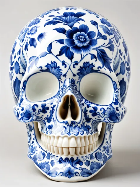 artwork of a skull in Delfts blue china porcelain with flowers print, front view, symmetric, realistic 