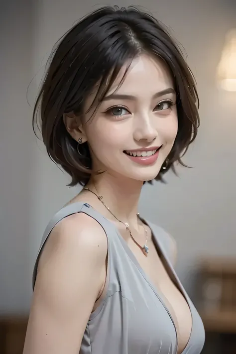 (( 1 ultimate beauty)), Mature, beautiful face, detailed lips from home, beautiful eyes down to the smallest detail , double eyelids, long eyelashes 、Grin, (( beautiful alignment of teeth)), captivating gaze , Seductive Smile , Very short brunette ...