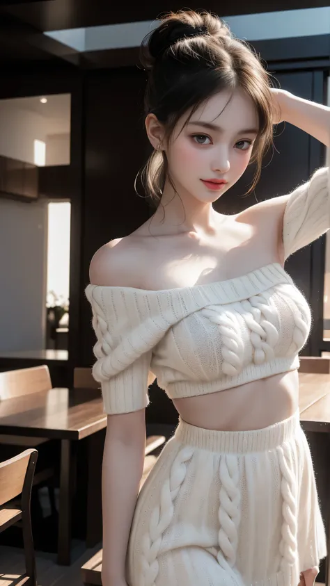 
(8k, RAW Photos, Best Quality, masterpiece:1.2), (Realistic, photo-Realistic:1.37),  very detailed,  ultra high resolution,  See One Girl ,  beautiful 精巧な顔, Smile, narrow,(( off-shoulder white hand knitted sweater showing the lower part of the chest, Slee...