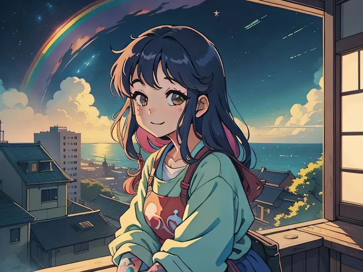 masterpiece,  best quality, Rainbow Style, anime,  BEAUTIFUL ASIAN GIRL , K-Pop aesthetics and style,  Tattoo - inspired, City,night、building、 80s American hippie style, Along the Hawaiian Coast, Cute and dreamy,anime, illustrator, Lofi Girl , Studio Ghibl...