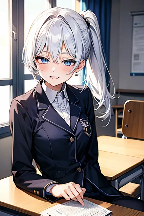 beautiful anime girl, white hair in a pony tail, light blue eyes, black school uniform, sitting on a desk in a classroom, smiling happily