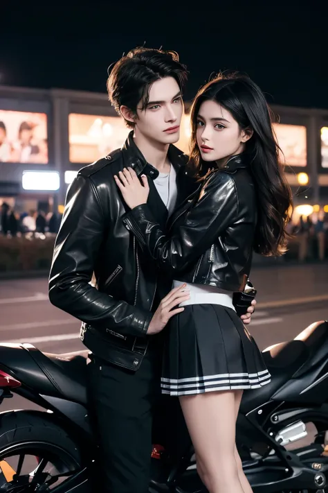 Modern. a man wearing a school uniform with a leather jacket . Elegant couple, masculie man and beautiful girl. side by side position   , look at each other affectionately , women wearing badgirl style school uniforms,   the womans waist ,Dark hair color. ...