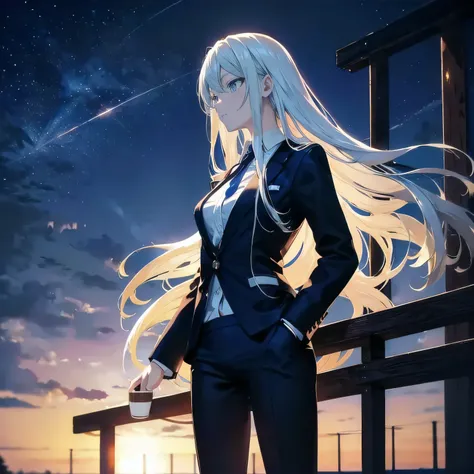 (masterpiece), (best quality), ultra detailed, finely detailed color, cenematic painting, bishoujo, ((one lady)), teenager, cute face, white hair, absurdly long hair, straight hair, ((deep blue eyes:1.5)), (holding coffee:1.4), ((business suit:1.5)), black...