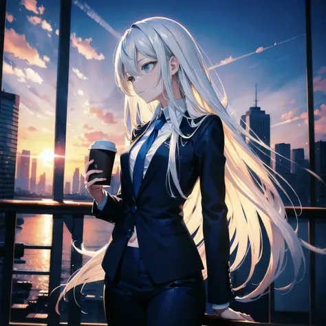 (masterpiece), (best quality), ultra detailed, finely detailed color, cenematic painting, bishoujo, ((one lady)), teenager, cute face, white hair, absurdly long hair, straight hair, ((deep blue eyes:1.5)), (holding coffee:1.4), ((business suit:1.5)), black...