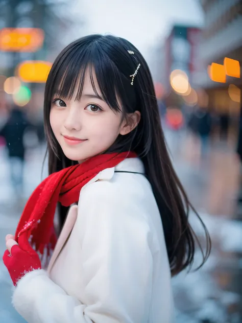 (Close-up face shot of one slender small breasts two side up black middle long hair with bangs girl in a winter white long coat and red scarf:1.5)、(One girl is holding a gift box with gloves in hand with small smile:1.5)、(Snowy winter night street corner a...