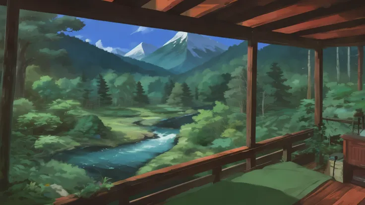 forest,river,mountain ,studio ghibli style ,cozy