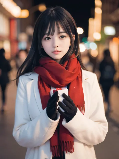 (Close-up face shot of one slender small breasts two side up black medium hair with bangs girl in a winter white long coat and red scarf:1.5)、(One girl is looking back with holding  a gift box with gloves in hand:1.5)、(Snowing winter night street corner an...