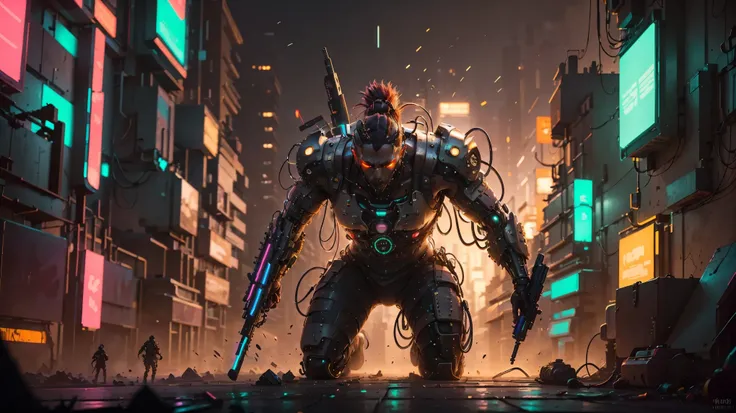 ((((A cyberpunk metal band that holds a yakiimo gun and performs on a stage illuminated by neon lights )))、(( Cyberpunk World))), LOVEHIROHITO, .A cyberpunk metal band performing on a neon lit stage, Charismatic and energetic, Surrounded by a cheering crow...