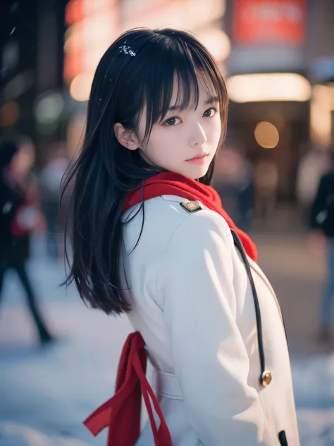 (close-up face shot of one slender small breasts two side up black medium hair with bangs girl in a winter white long coat and r...