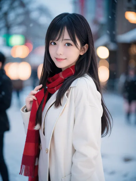 (Close-up face shot of one slender small breasts two side up black middle long hair with bangs girl in a winter white long coat and red scarf:1.5)、(One girl is holding a gift box with gloves in hand with small smile:1.5)、(Winter night street corner with he...