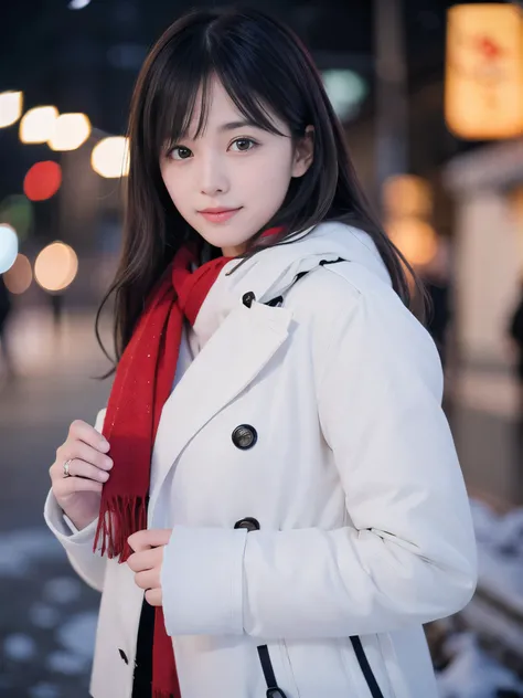 (Close-up face shot of one slender small breasts two side up black middle long hair with bangs girl in a winter white long coat and red scarf:1.5)、(One girl is holding a gift box with gloves in hand with small smile:1.5)、(Winter night street corner with he...