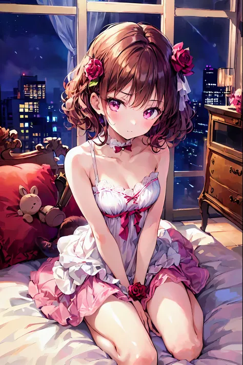 Late night bedroom、electric light、ベッドで仰向けに寝ている  brown hairの美しい女の子、、the above、  beautiful girl with brown hair sleeping on her back in a 、Amber lighting、  embarrassed face  、  Very detailed,   ultra high resolution ,  、(  best qualityのイラスト:1.2), (cute girl:...