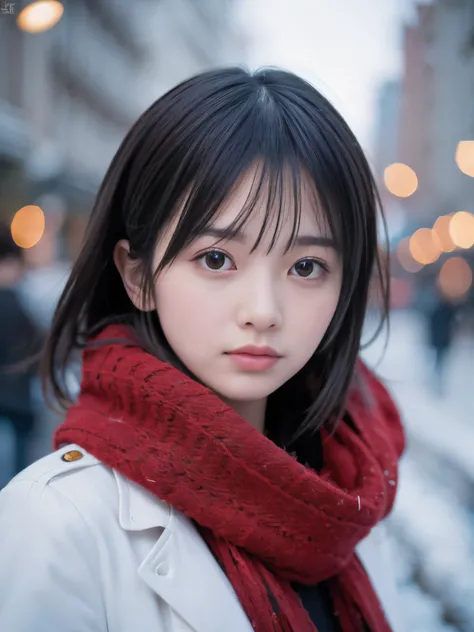 (Close-up face shot of one slender small breasts two side up black medium hair with bangs girl in a winter white long coat and red scarf:1.5)、(One girl is turn around with holding  a gift box with gloves in hand with sad face:1.5)、(Winter night street corn...