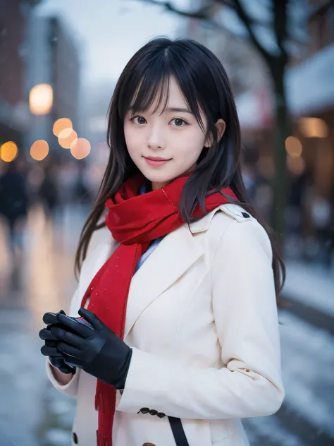 (Close-up face shot of one slender small breasts two side up black middle long hair with bangs girl in a winter white long coat and red scarf:1.5)、(One girl is holding a gift box with gloves in hand with small smile:1.5)、(Winter night street corner with he...