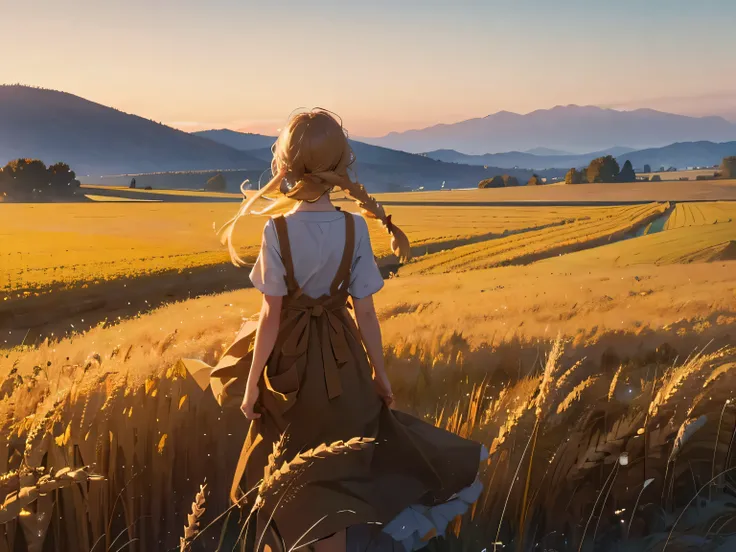 masterpicece, best quaility, Golden wheat field , only wheat field,  clear sky, nightfall, Calm breeze , Blonde, Braided hair, girl, Wearing a brown apron,  Wearing a white shirt, Only the back view is visible , silhouette, Looking at a girl from afar, dre...