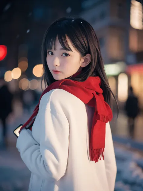 (Close-up face shot of one slender small breasts two side up black medium hair with bangs girl in a winter white long coat and red scarf:1.5)、(One girl is turn around with holding  a gift box with gloves in hand with sad face:1.5)、(Winter night street corn...