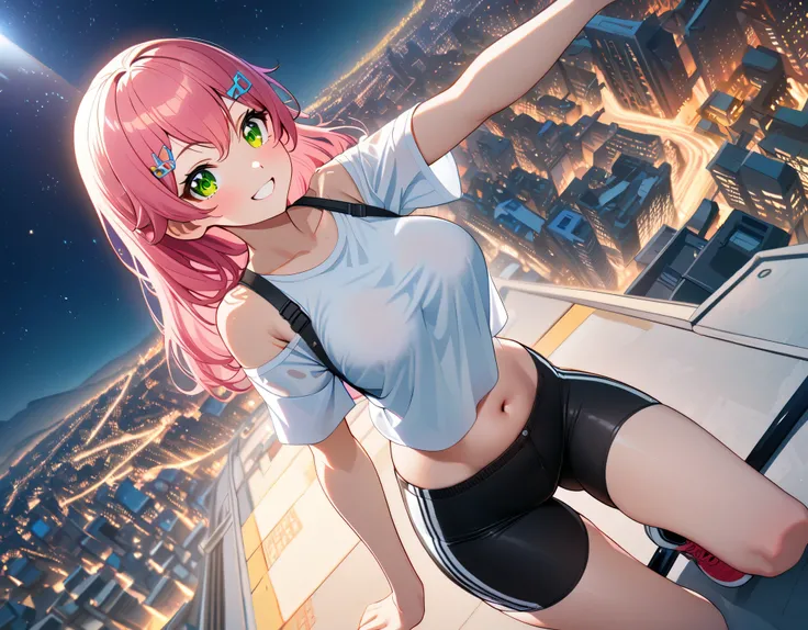 (8k、Best image quality、highest quality、masterpiece)、Detailed face、 1teen_girl、pink Hair、Long Hair、green_eyes、smile,(navel_peek)、(large_breasts),(White_short_T-shirt:1.5)、Off the shoulder、Black shoulder straps、(short_bike_shorts)、City Background, starry_sky...