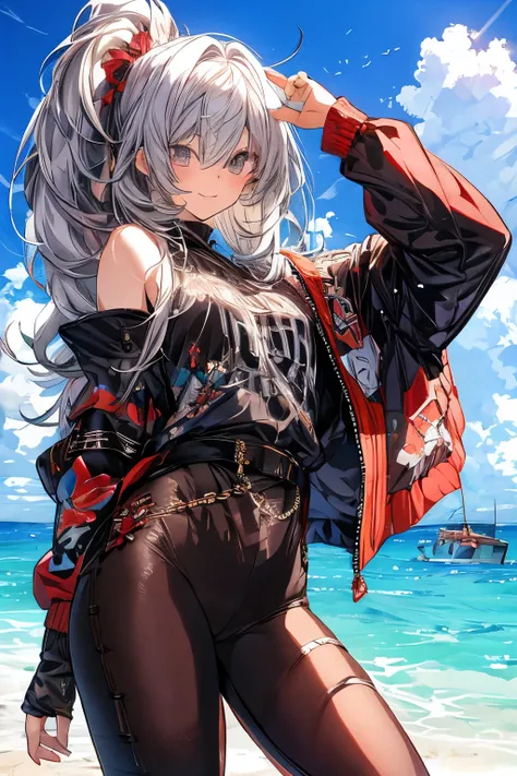 anime girl risque outfit yet cover skin, posing for photoshoot, masterpiece, best quality, high quality, wearing sunglasses near nose, one eye open, smiling