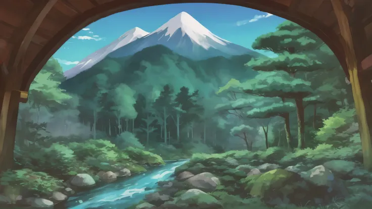 forest,river,mountain ,studio ghibli style ,cozy