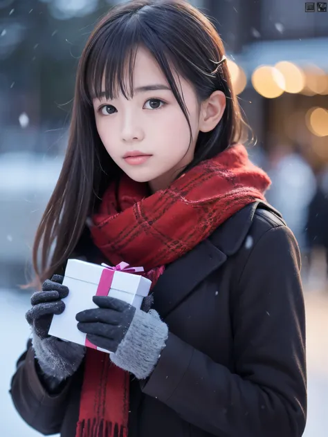 (Close-up face shot of one slender small breasts half up brown long hair with bangs girl in a winter long coat and scarf:1.5)、(One girl is turn around with holding  a gift box with gloves in hand with sad face:1.5)、(Very beautiful Christmas illumination:1....