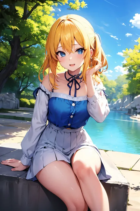 anime girl, blue eyes ,yellow hair, 4k resolutions,look at the viewwer