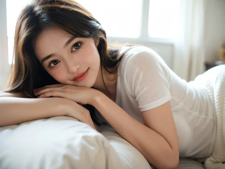 "A natural and fun image of a young woman sitting in a bedroom. The girl was wearing a white T-shirt. Her slightly messy dark brown hair frames her face naturally, giving her a relaxed and newly awakened look. She holds a glass of water in her hand, blushi...