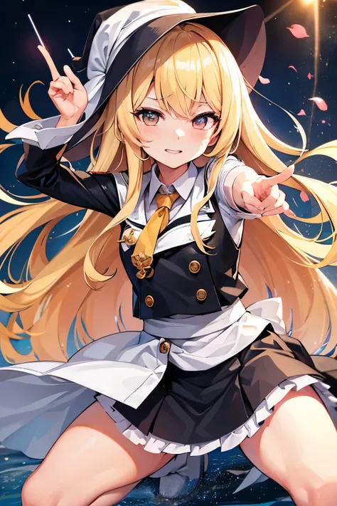 The blond Oriental character Kirisame Marisa who rides an Arleigh Burke class missile destroyer and points her index finger is small「Dont make it a sensitive image 」High image quality