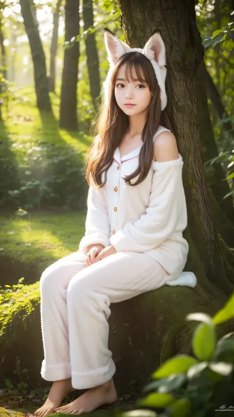 A professional high-quality photo, in 4K resolution, captures in realistic detail a charming girl in a fluffy white pajama with ears and foxtail. She is sitting in the middle of an enchanted forest, where every element is portrayed to perfection. The textu...