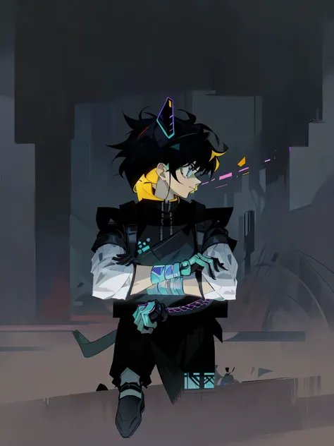 cartoon boy with black hair and a black and white shirt, roblox avatar, in a dark space mercenary outfit, mechanic punk outfit, pitchblack skin, chrome outfit, black cyberlox, profile picture 1024px, anime vtuber full body model, ninja outfit, killua zoldy...