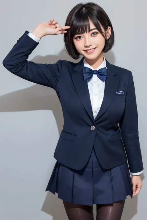 Navy Blue Blazer、((Hide below the knee with a navy blue tight skirt))、White blouse、((navy blue plain large bow tie))、((( black pantyhose )))、(( black loafers))、(( Full body photo of a standing figure showing up to the feet ))、Cute high school girls、Height:...