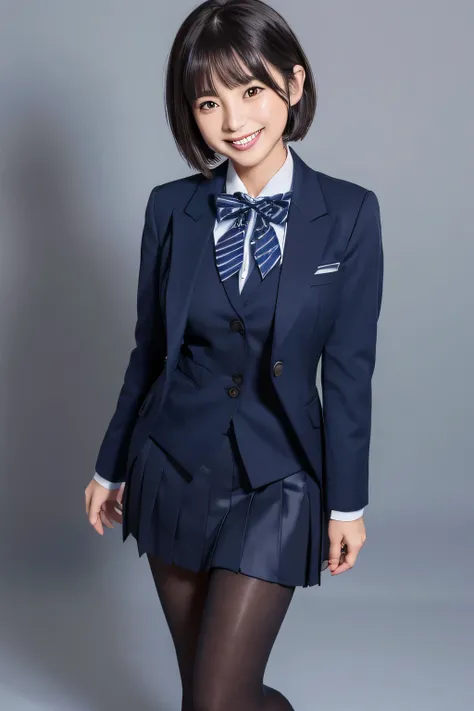 Navy Blue Blazer、((Hide below the knee with a navy blue tight skirt))、White blouse、((navy blue plain large bow tie))、((( black pantyhose )))、(( black loafers))、(( Full body photo of a standing figure showing up to the feet ))、Cute high school girls、Height:...