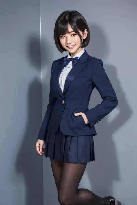 Navy Blue Blazer、((Hide below the knee with a navy blue tight skirt))、White blouse、((navy blue plain large bow tie))、((( black pantyhose )))、(( black loafers))、(( Full body photo of a standing figure showing up to the feet ))、Cute high school girls、Height:...