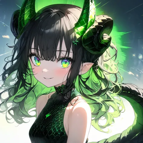 A portrait of dragon  girl, Long Hair(  black hair )((GREEN LUXURIOUS HORNS )) , green eyes, Smile a little.  my back is very small , 、、 small breasts, exterior: ,  LONG BLACK TAIL .

Costume: White short dress,  can see her collarbone ,  black tail rope  ...