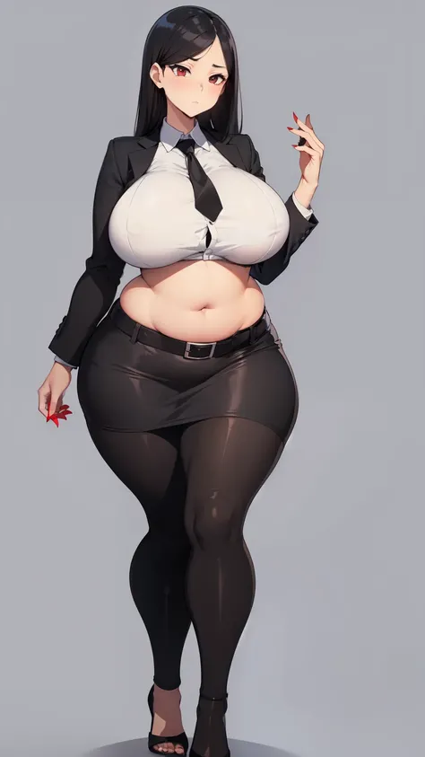 blank background, (((full body))), (masterpiece), ((best quality)), ((tall girl)), straight hair (curvy:1.6), (short skirt), shoes, belt below navel, black hair, (black suit and tie), wide hips,fat belly,fat hip,huge breast,bare foot and red nail polish 