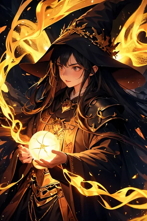 (highres,best quality:1.2),witch,armor,detailed eyes,long hair,spell casting pose,flowing robes,mysterious atmosphere,dark forest background,candlelight,golden jewelry