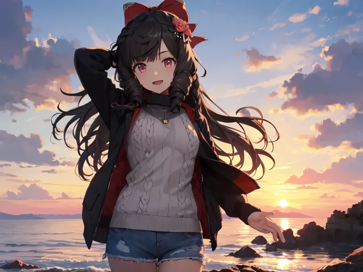 Solo, 1 girl, (human ears), (red eyes), (short stature), (black hair, long hair, hair tied back with a big red ribbon, flower hair ornament in front), (delighted expression), (laying face on air mattress, hands on head, looking at camera), (denim shorts, b...
