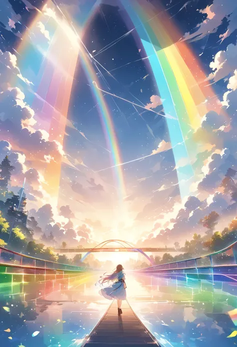 Lightline illustration 、A bridge made of rainbows、7colored transparent bridge、 Beautiful Artwork 、Light effects
