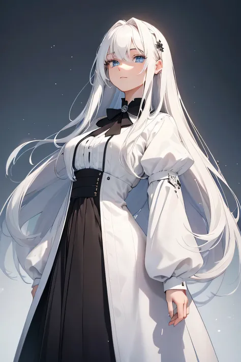 A 15-year-old girl with long, white hair as pure as snow, styled elegantly and flowing gently around her shoulders. Wearing a black frock and a black full shirt with white shoes and wearing a black court. Her bright blue eyes give her a serene and captivat...