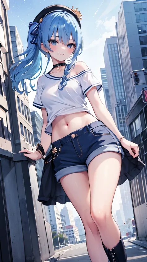 (8k、best image quality、highest quality)、detailed face、 1teen_girl、blue hair、long hair、sideponytail、dark_blue_eyes、smile,(peek_na...