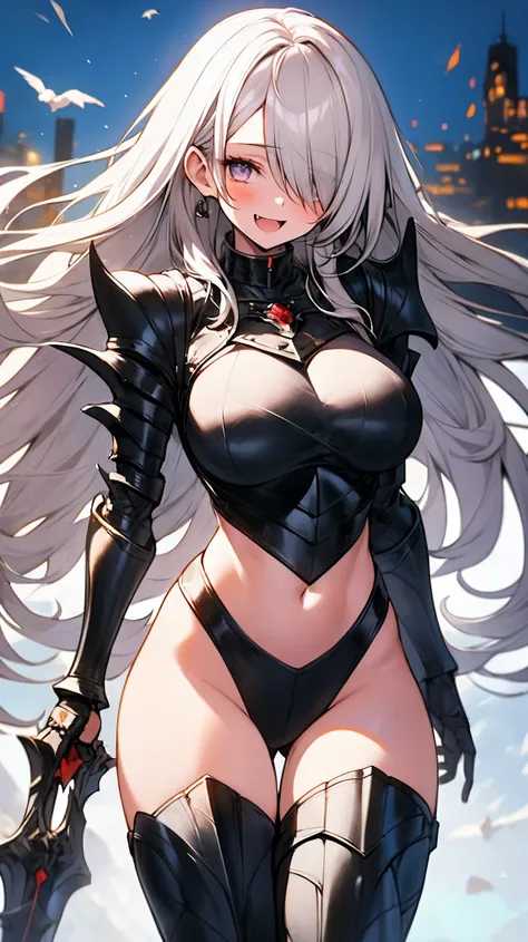 fantasy, 1girl,young_teen, ,silver_hair, long_hair, long_bangs, bare_shoulder,thighhighs,silver_armor, waist_armor, large_breasts,half_eyes,floating, bare_crotch, headgear,gauntlet, greaves,city_background,slightly_spread_legs, solo, groin_naked,(hair_over...