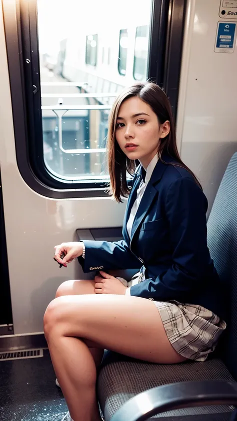 masterpiece, High resolution, Ultra High resolution, 4K, Black Hair, Japanese Girls, Uniform skirt, Accentuate your thighs, White thighs, Soft thighs, Shiny thighs, Sitting on a train, Facing angle, Angle from below, Sitting on a train Seat, Sit in front, ...