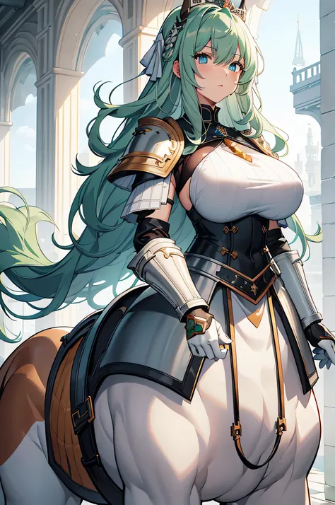 4K, high definition ,One Woman,Centaur,White green hair, long hair ,Blue Eyes, brown fur, huge boobs from afar, Himeji Knight,White Armor,Heavy Armor, White Armor Gloves,Princess Tiara, longsword ,Jewelry decoration,Medieval castle