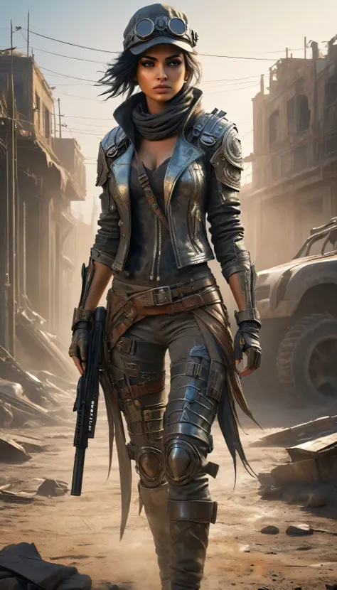 full body from head to toe, highly detailed and photorealistic depiction of a persian female post-apocalyptic warrior. she exude...