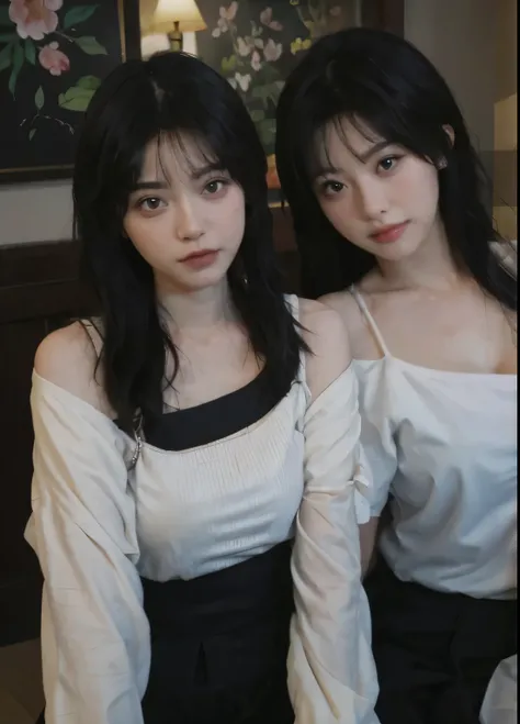 best qualtiy, super high resolution, (realisticlying:1.4), one-girl, A pair of clear and moving peach blossom eyes,Royal Sister,Black long straight,Yellow tight skirt, (big cleavage breasts:1.2), looking at viewert, closeup cleavage ,