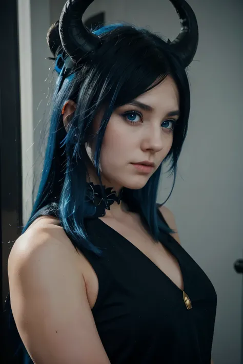 A girl with black hair with blue ends with ice blue eyes and demon horns with a dragon tail